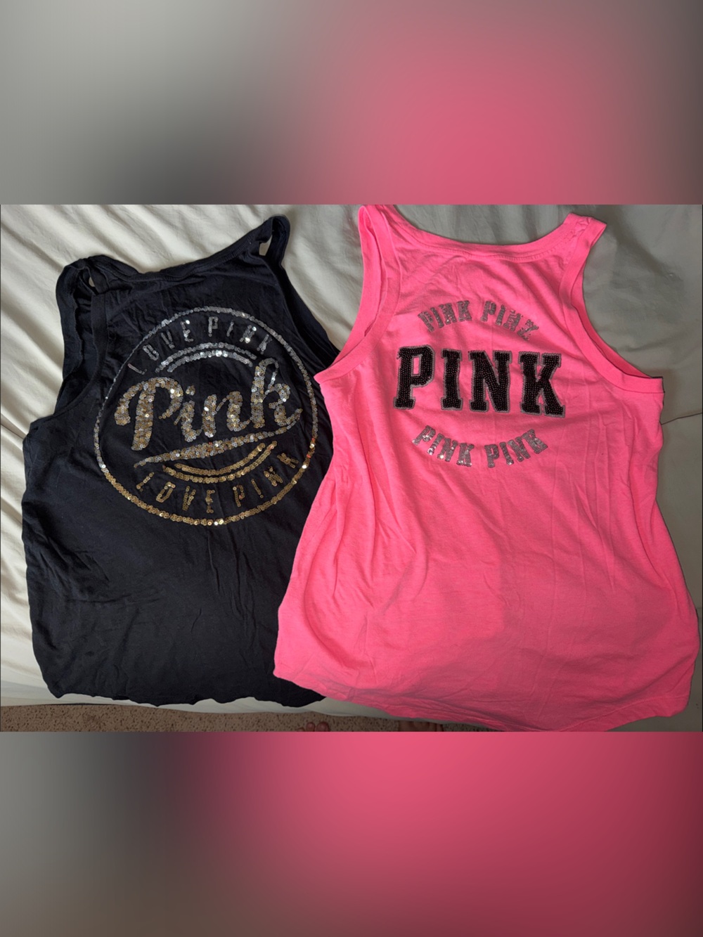 PINK Victoria's Secret Neon Pink & Black Sequin Logo Tank Tops